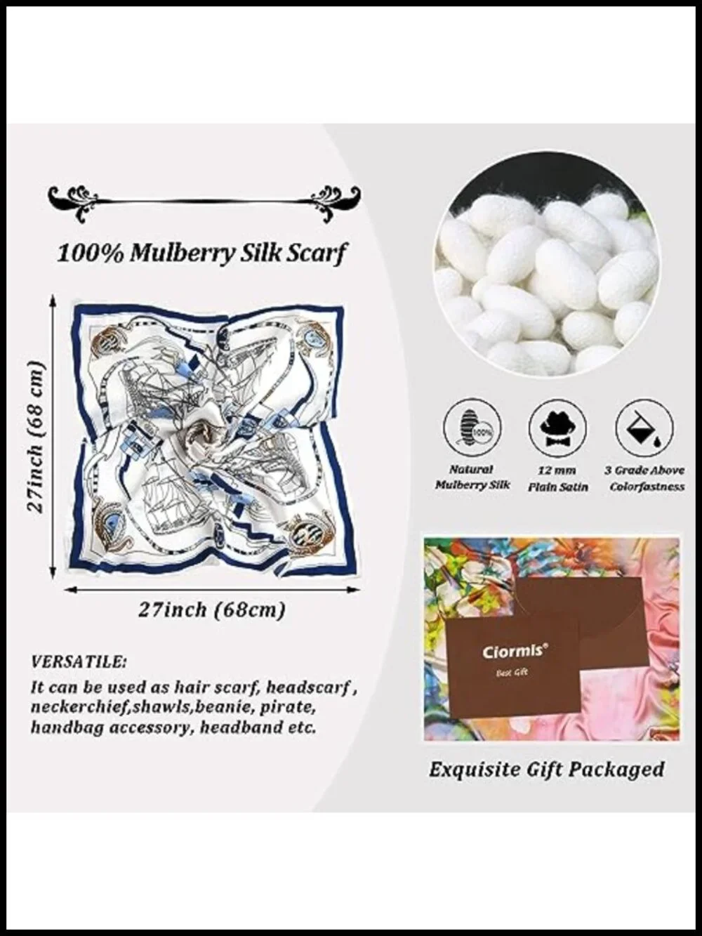 100% Mulberry Silk Square Scarf 27 inch Neck Scarf Hair Scarf Gift Boxed